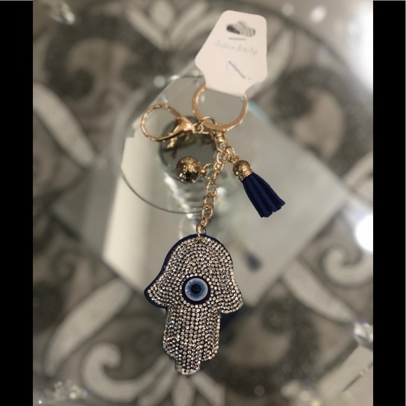 🎁Evil Eye Hamsa Plush Crystal Rhinestone Keychain - Picture 2 of 6